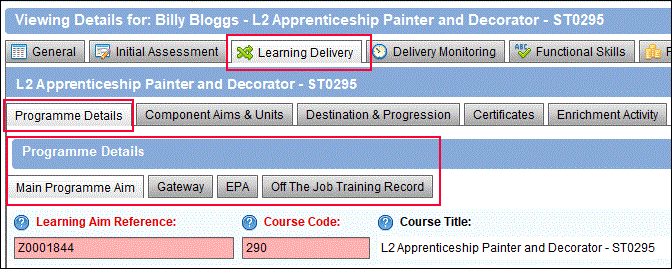 Learning Delivery tab